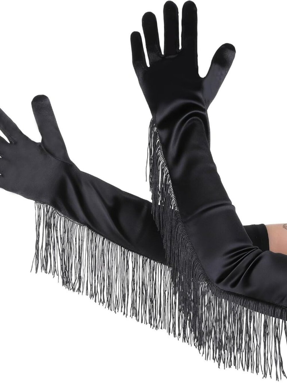Black Satin Opera Gloves with Fringe Tassels 19” Elbow-Length Stretch Gloves